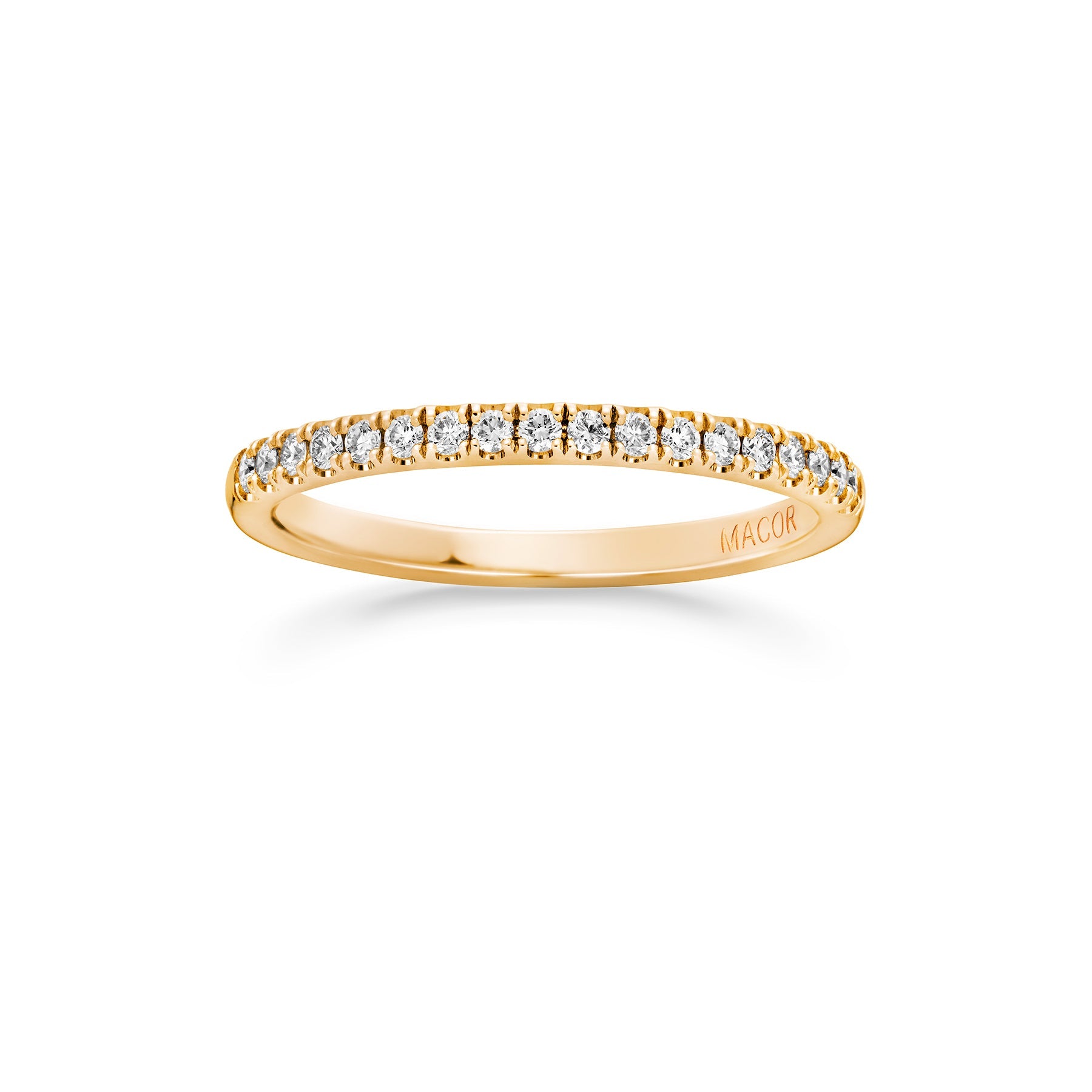 A yellow gold half eternity diamond ring with Macor logo.